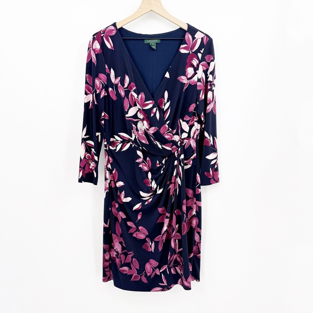 Lauren Ralph Lauren Navy Pink Leaf Floral Faux Wrap Jersey Dress Size 16 Ruched